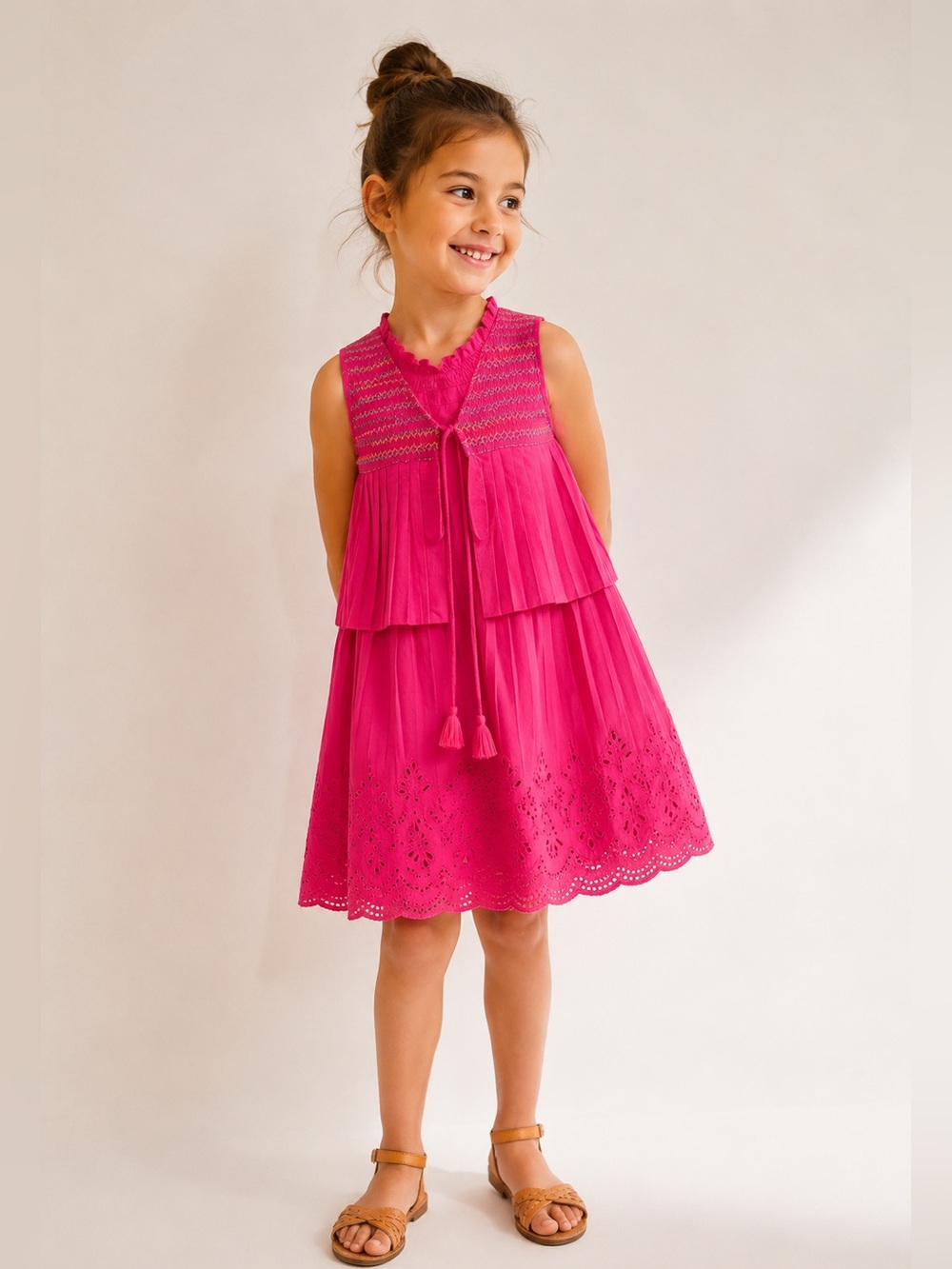 Genuine Kids Girls Pink 100% Cotton Embroidered Eyelet Dress Size 26 NWOT